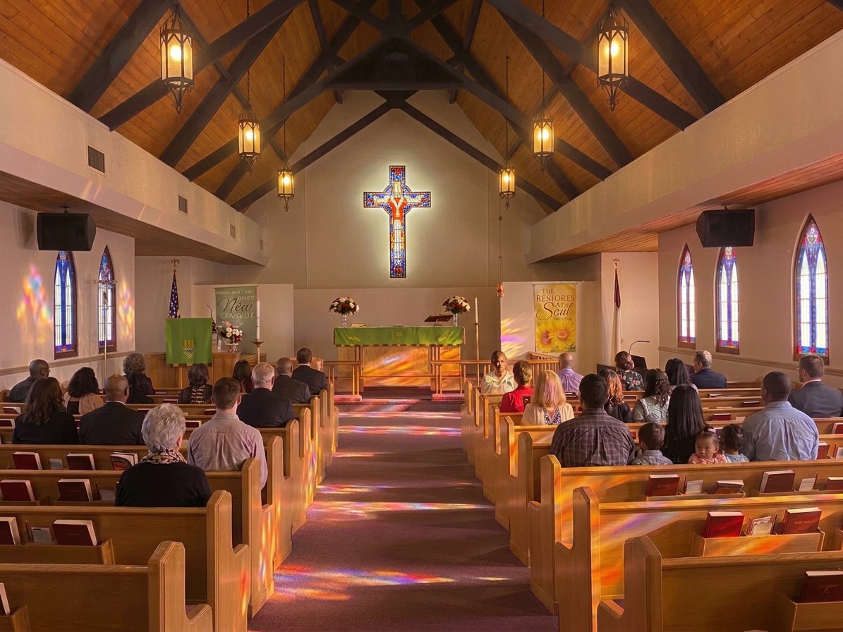 The sanctuary of Elim Lutheran Church during worship, with stained-glass light across the pews